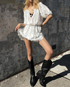 Puff Sleeve V Neck Button Fringe Tie A-Line Mini Dress