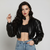 Black Faux Leather Cropped Bomber Jacket