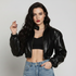 Black Faux Leather Cropped Bomber Jacket