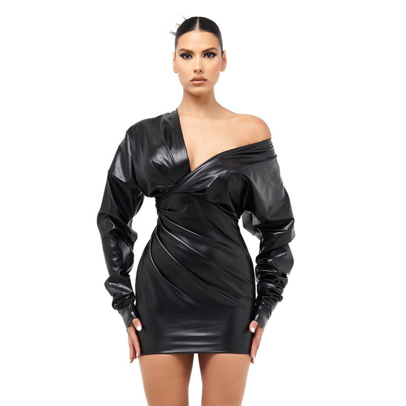 Buy SIDE RUCHED FAUX LEATHER BLACK BODYCON DRESS for Women Online