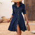 Long Sleeve Collared Ruched Denim Midi Dress