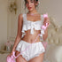 Womens Lace Ruffle Tie Patchwork Lingerie Shorts Set
