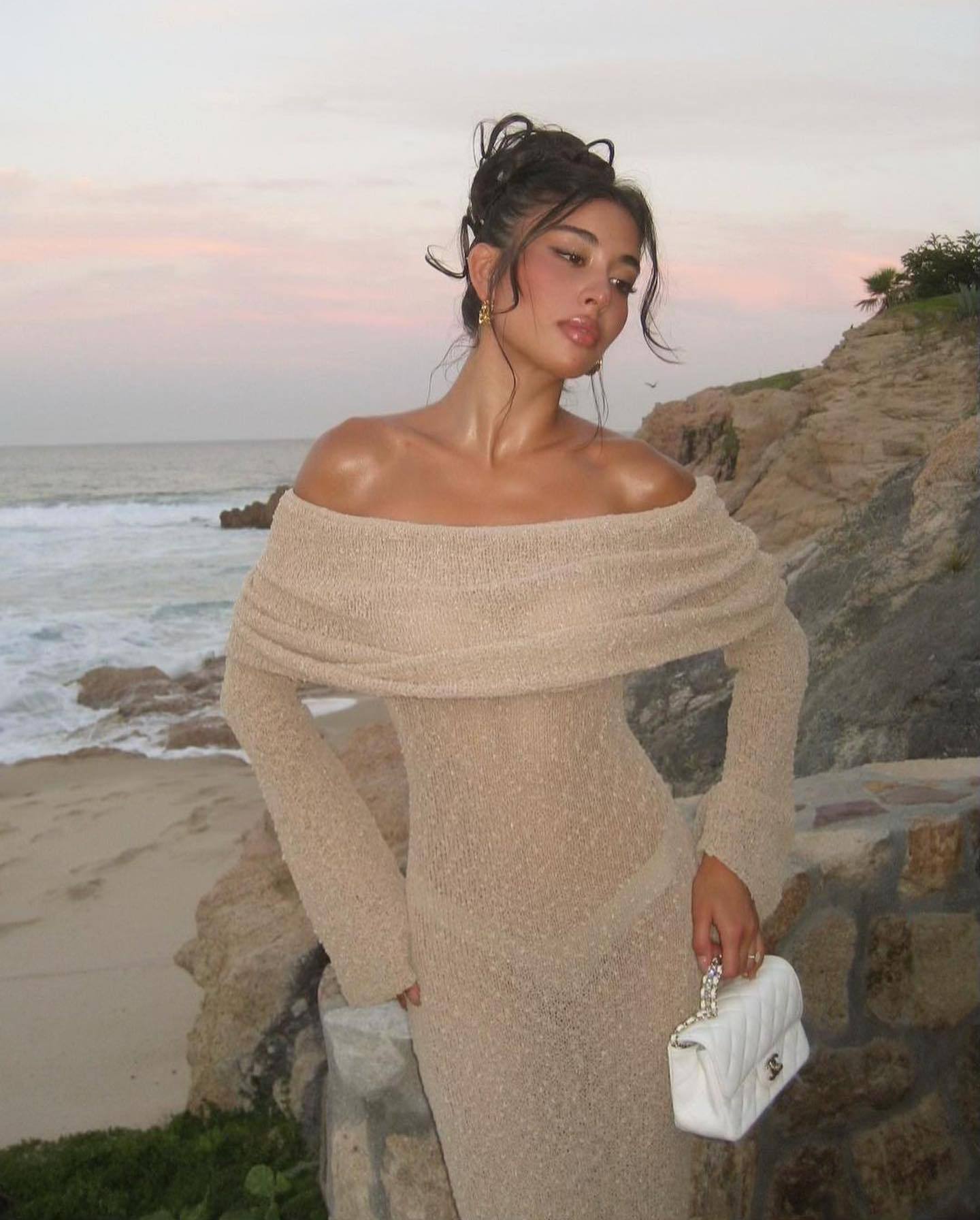 boucle knit off shoulder dress One Kiss Off Shoulder Boucle Mini Dress Mermaid Way, M