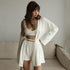 Womens Solid Tie Long Sleeve Shorts Three Piece Pyjama Set