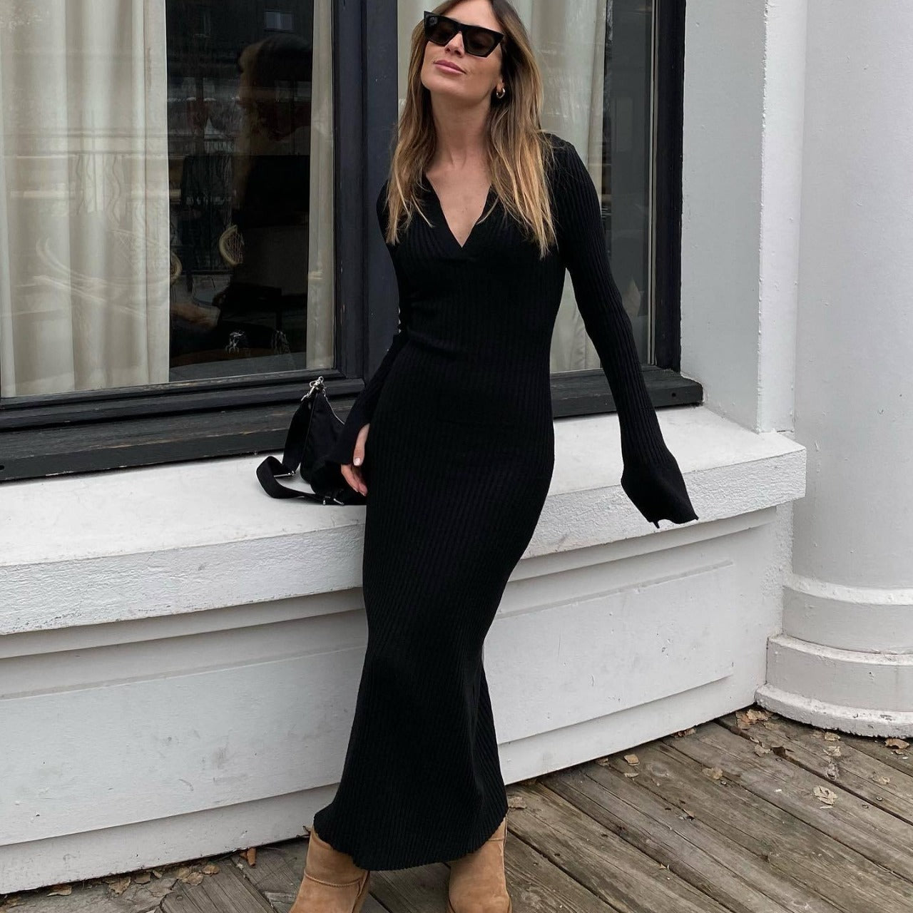 black long sleeve plunge midi dress Clothing: Midi Dresses: 'Loula' Black Plunge Knit Midi Dress