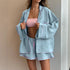 Womens Cotton Stripe Button Cardigan Shorts Lounge Set