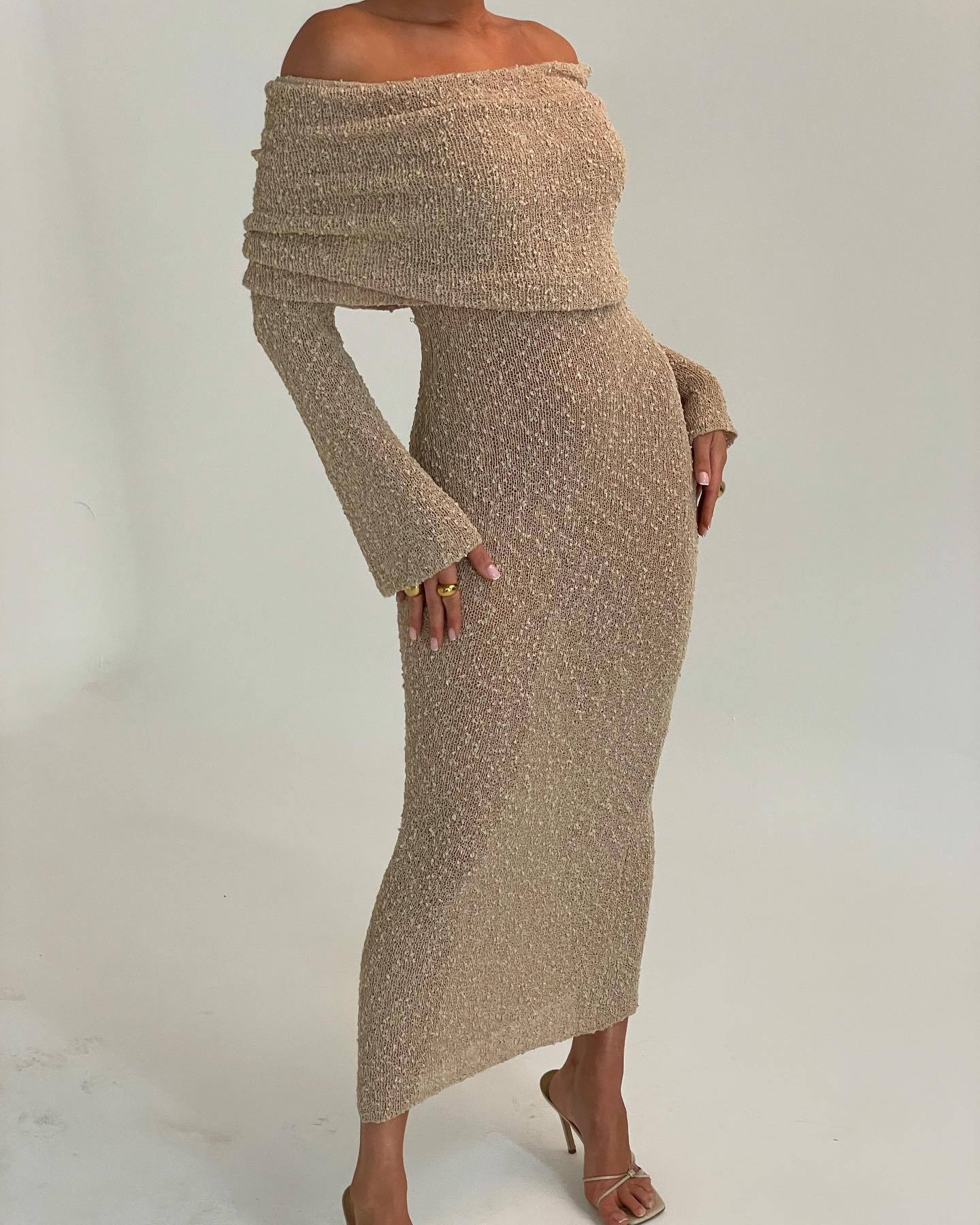 off shoulder boucle maxi dress Marisol Off Shoulder Boucle Maxi Dress - Ivory