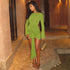 Green Long Sleeve Top And Drape Skirt Set