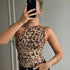 Leopard Print Asymmetrical Neck Ruched Mesh Bodysuit