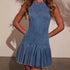 Pleated Backless Tie Sleeveless Denim Mini Dress