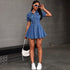 Button Pocket Collared Denim Mini Dress Women