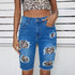 High Waist Distressed Patchwork Pocket Denim Capri Pants