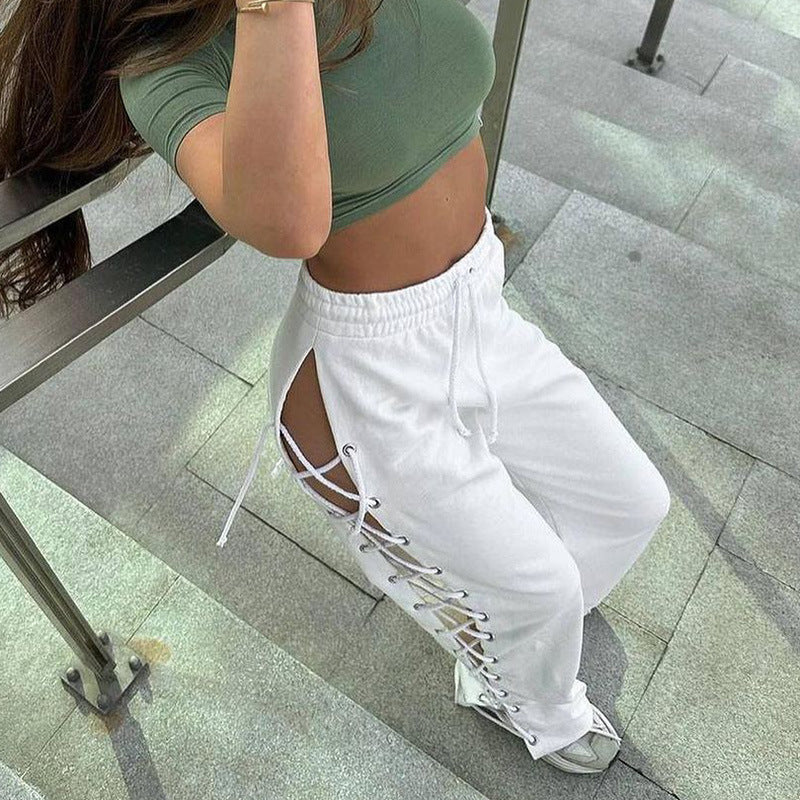 Lace Up Waist Wide Leg Sweatpants