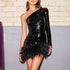 One Shoulder Long Sleeve Backless Sequined Feather Dress