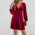 V Neck Twist Waist Long Sleeve Velvet Dress