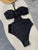 Halter Neck 3D Flower Corsage Black and White One Piece Swimsuit